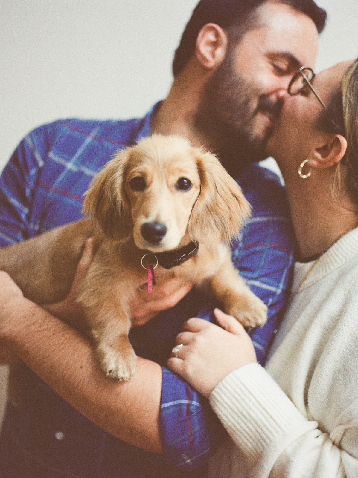 A man and woman kiss while holding their small dog