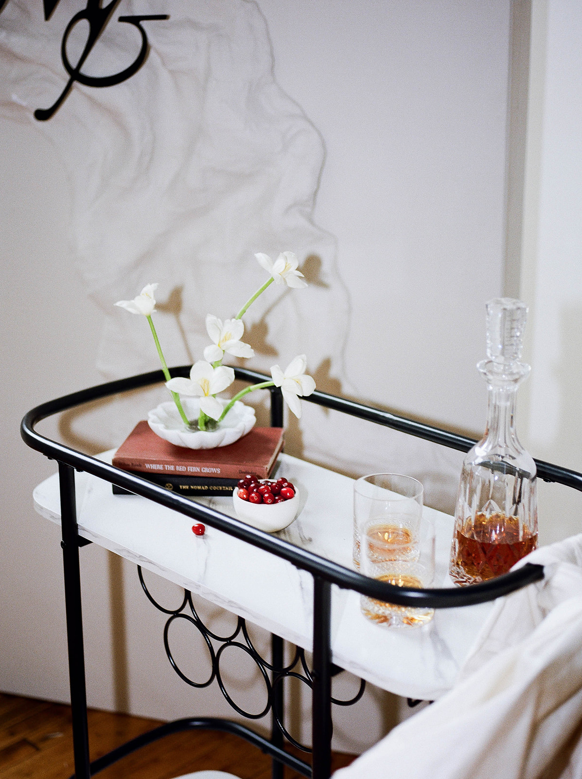 A bar cart with a custom backdrop for brand photos