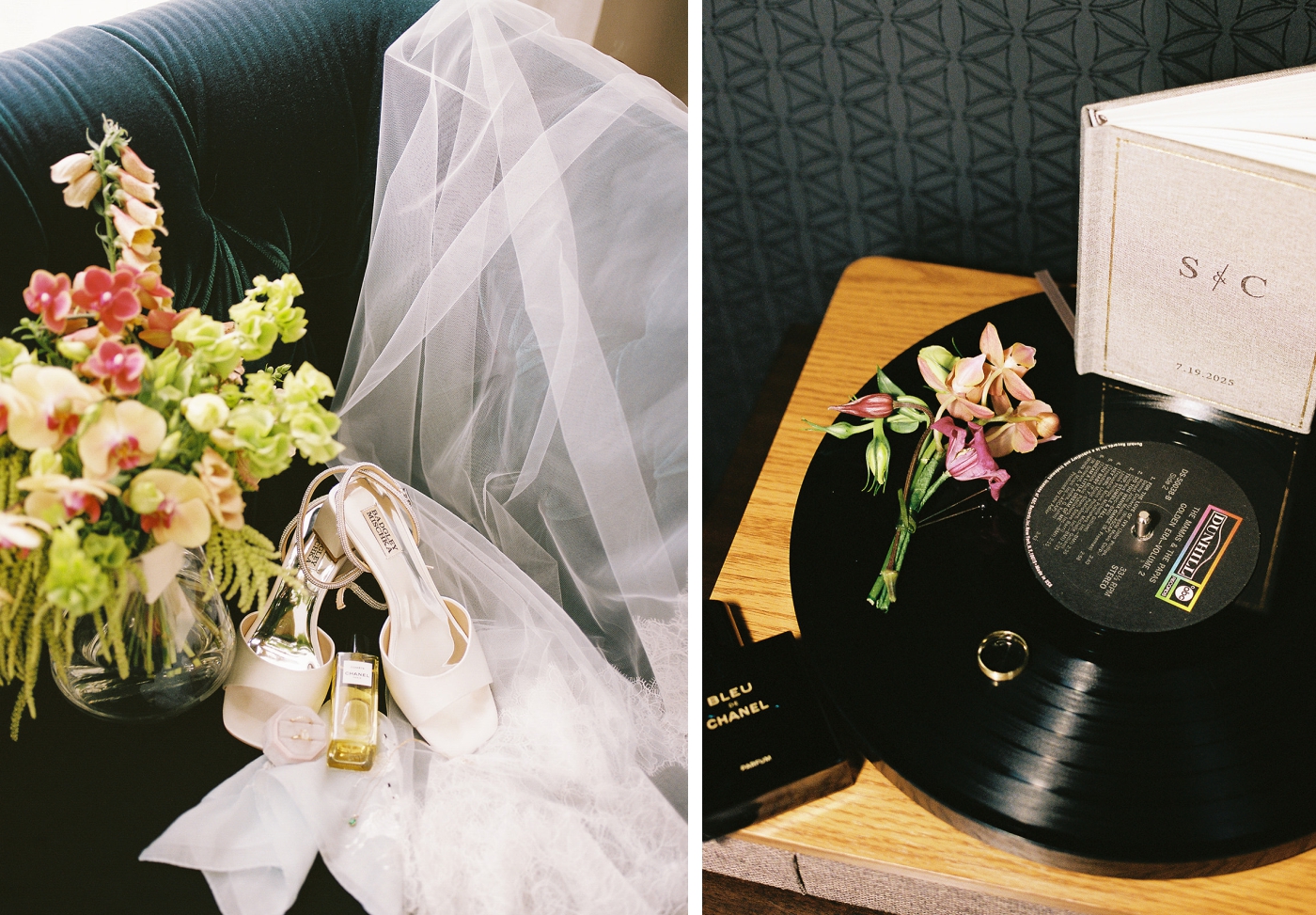 A film photo of a bride's bouquet with her shoes and veil