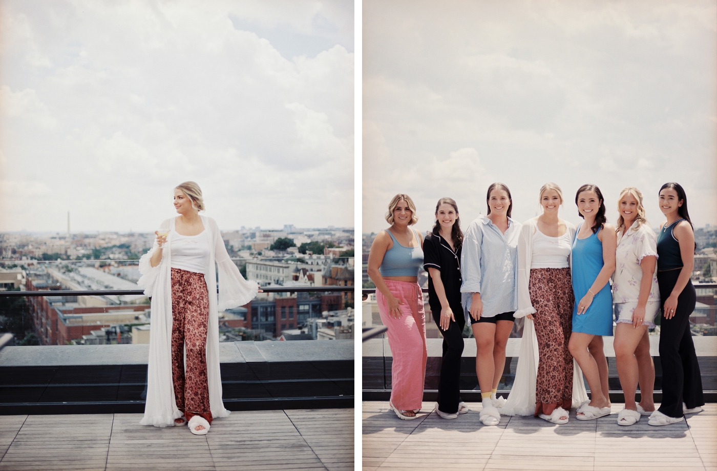 A bride and her bridesmaids in their pajamas on the rooftop of the Line DC before the wedding ceremony
