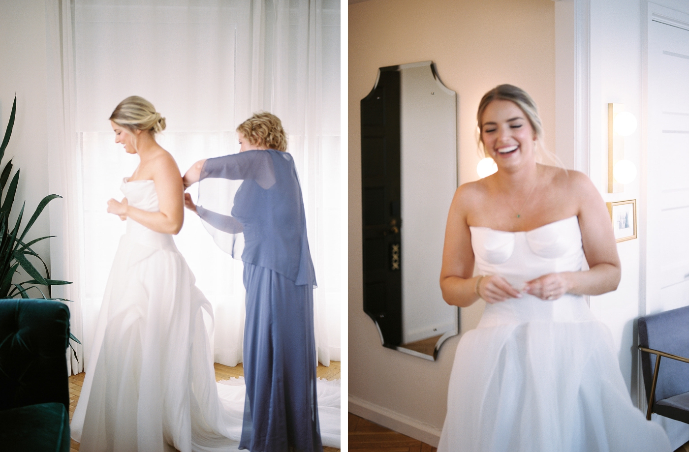 The mother of the bride zips up the bride's strapless, white wedding dress