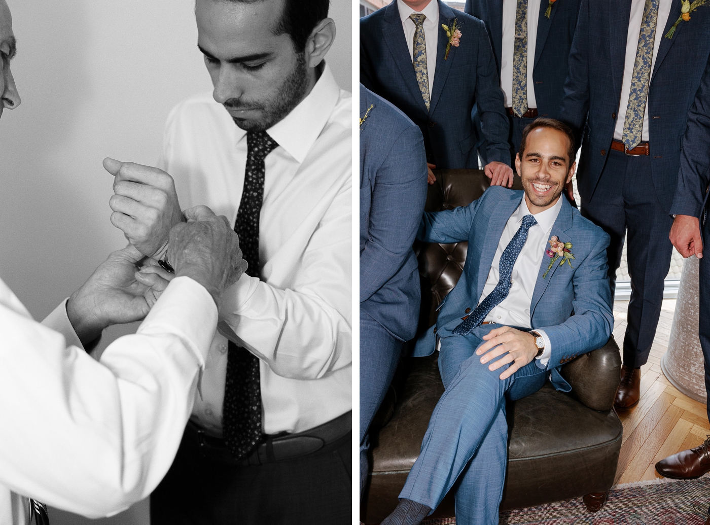 The father of the groom helps the groom adjust his cuff links 