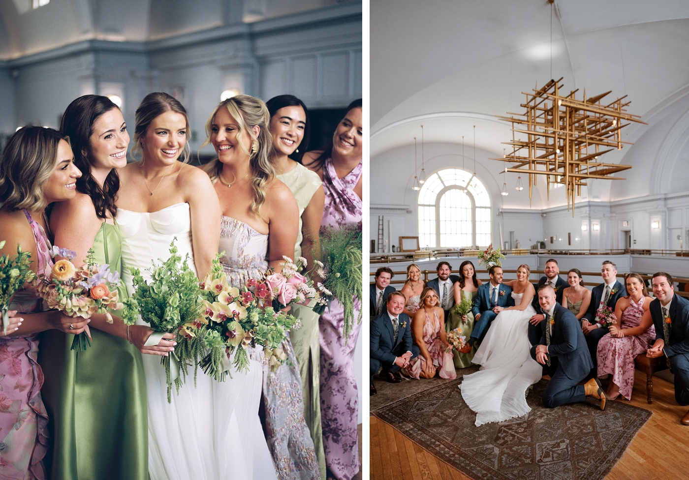 Bridesmaids in mismatched floral and green dresses with textured bouquets