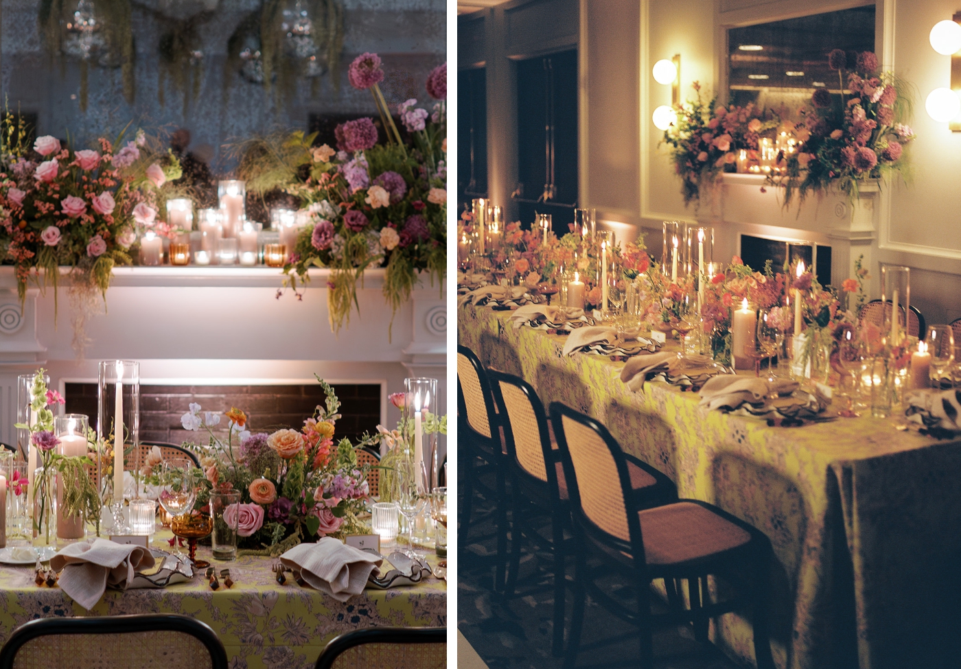 A fireplace decorated with purple and orange florals