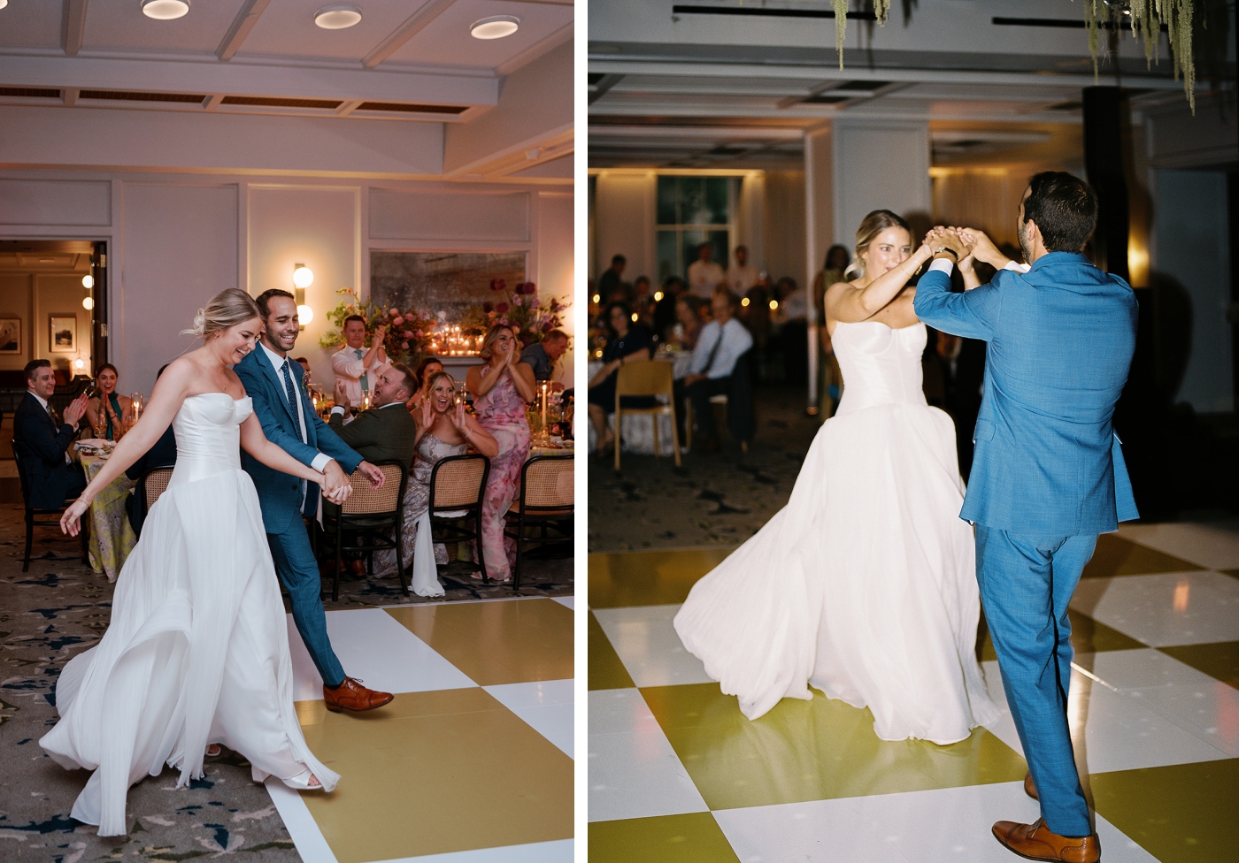 A bride and groom enter their wedding reception and begin a choreographed first dance 
