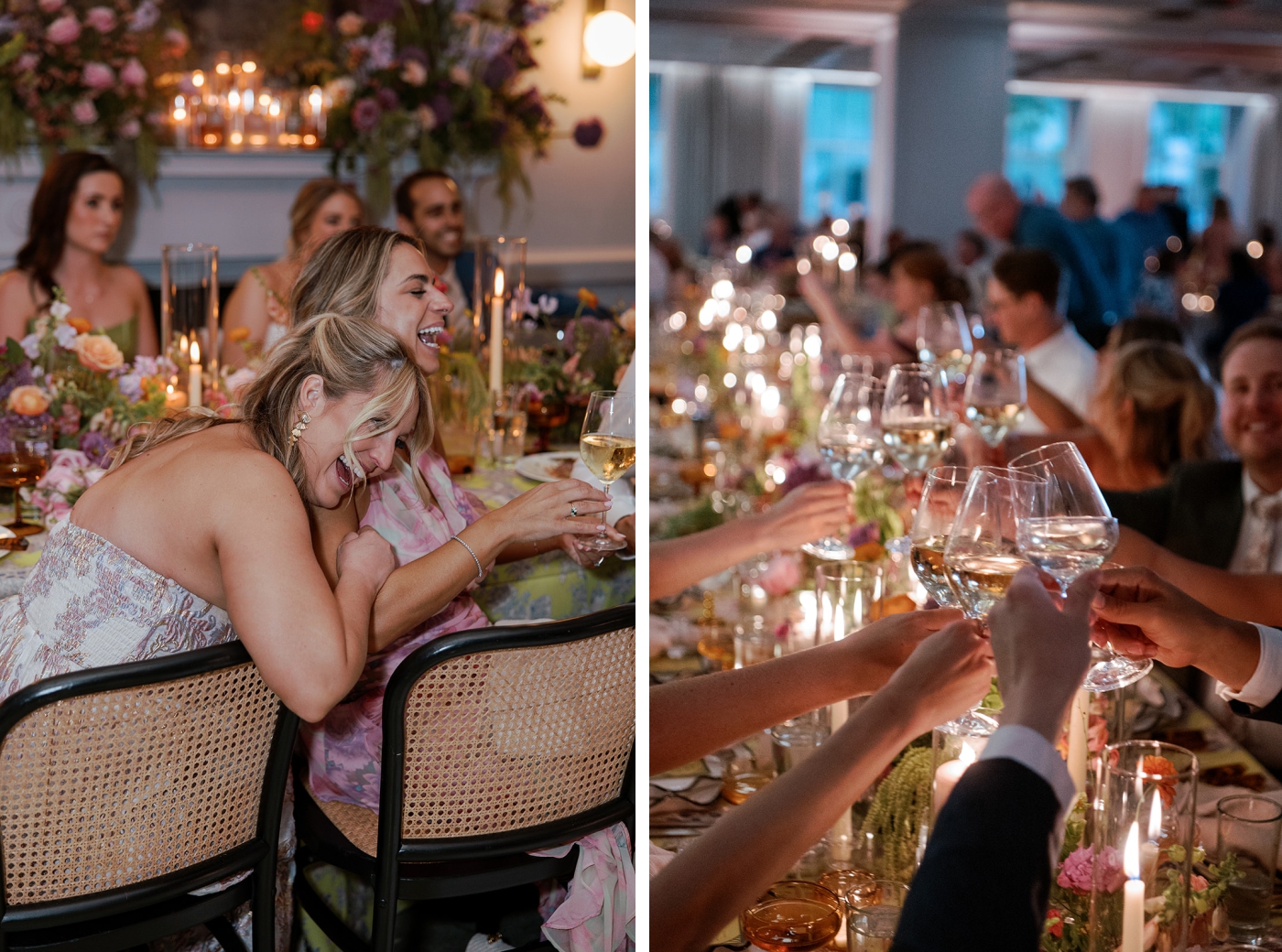 Guests laugh and toast during the speeches at a wedding reception at The Line DC