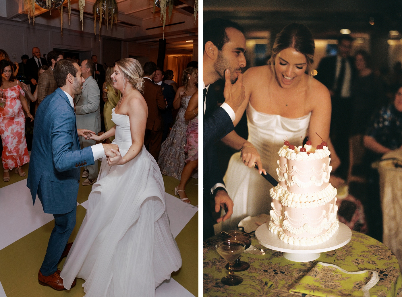 The bride and groom cut their wedding cake