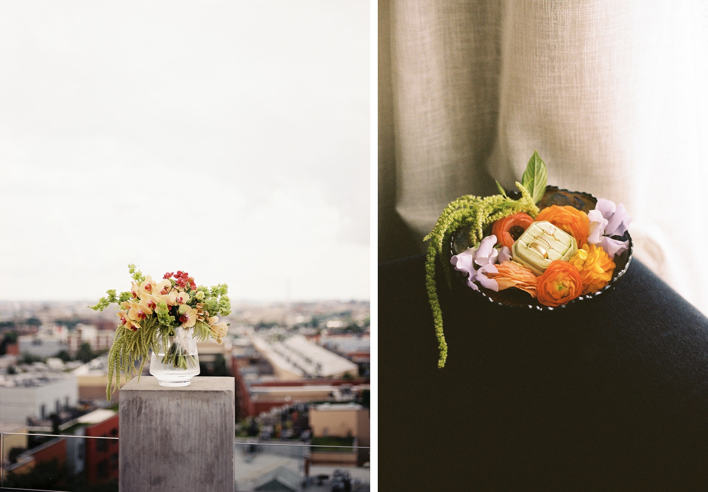 A bride and groom's rings set in a bowl with bright orange and purple flowers