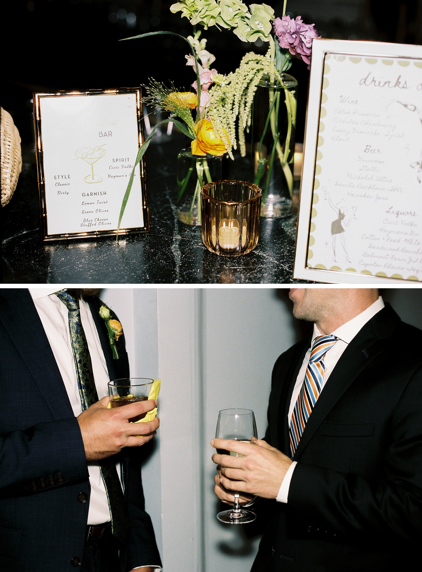 A drink menu with custom line art illustrations at a wedding cocktail hour