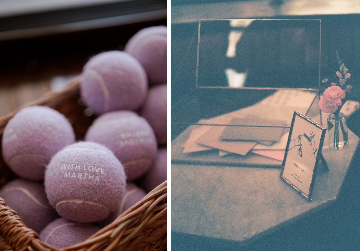 Custom purple tennis balls gifted to wedding guests during cocktail hour at the Line Hotel DC