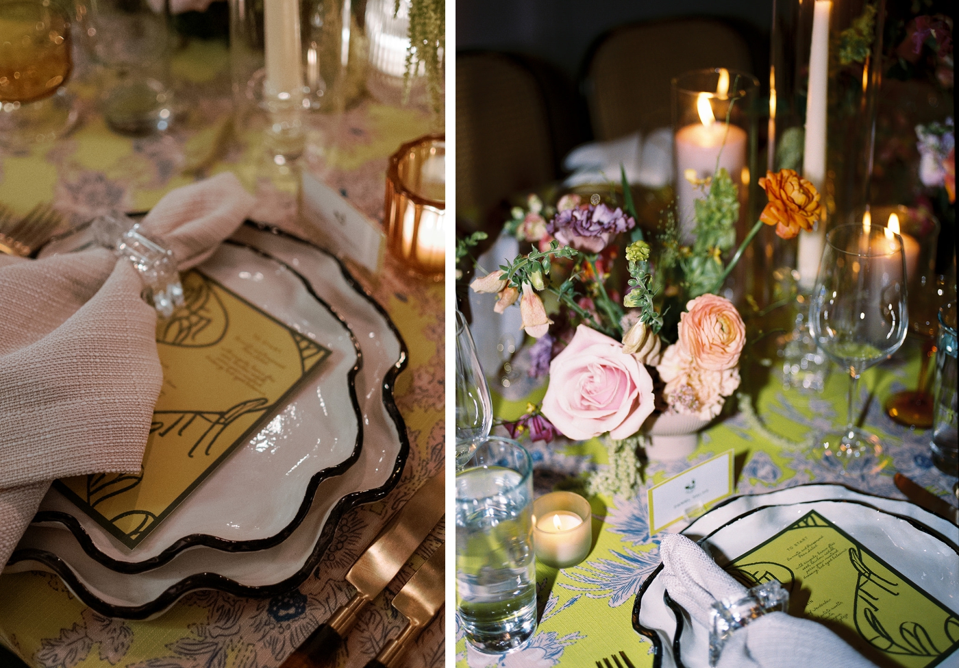 Black and white scalloped plates on a yellow tablecloth