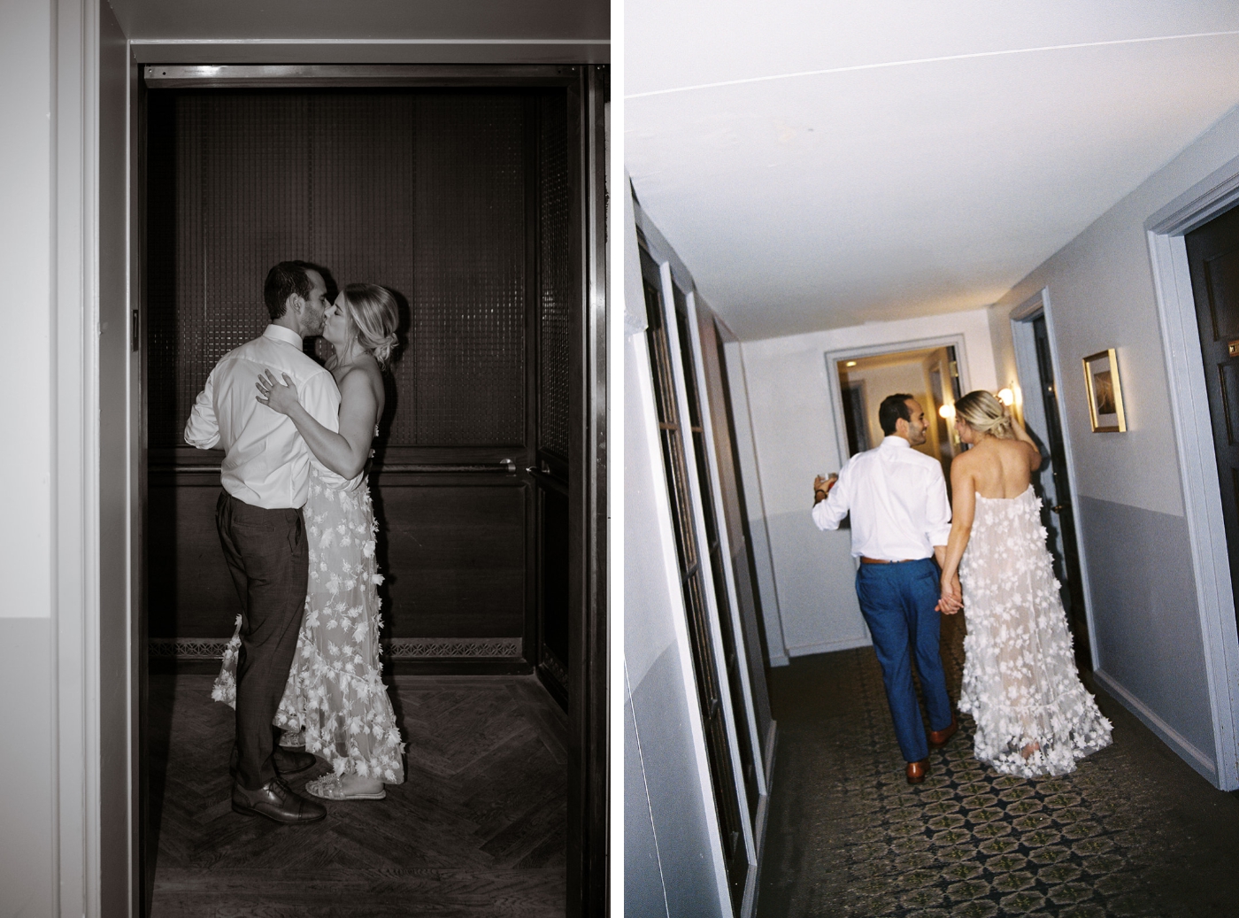 A bride and groom kiss as elevator doors slide shut