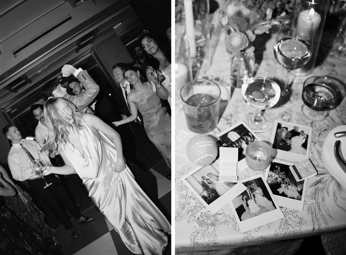 Black and white photos of guests dancing during a wedding reception at The Line Hotel DC