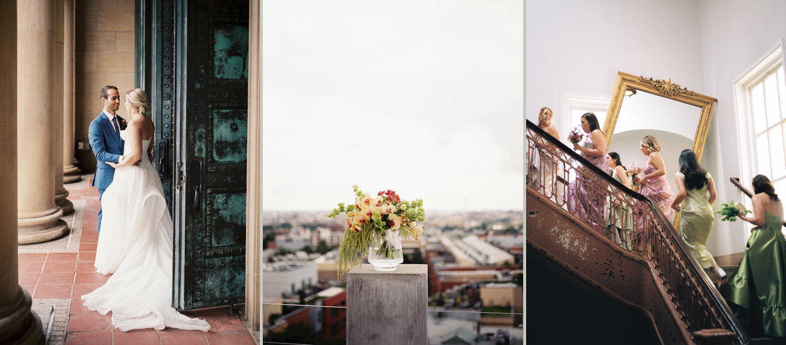 A wedding bouquet in a vase on the rooftop of the Line Hotel