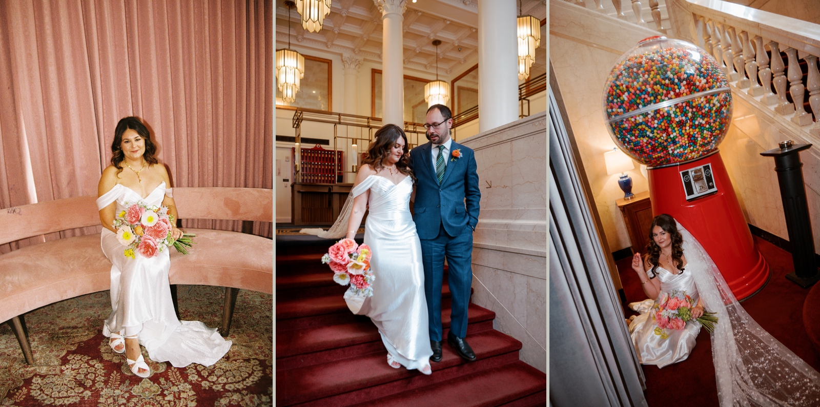 A bride poses in front of the giant gumball machine at The Riggs Hotel, a hotel wedding venue in DC