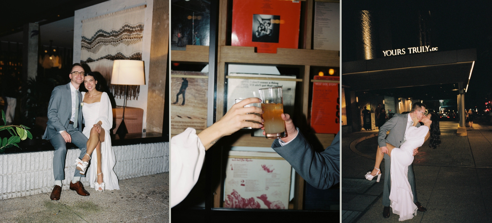 A bride and groom toast in front of the record collection at Your Truly Hotel in DC