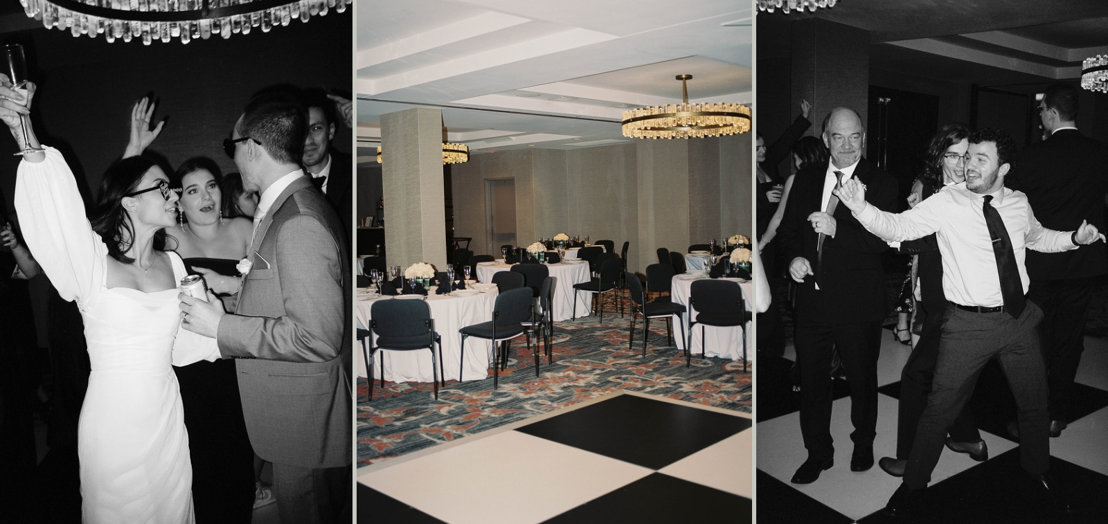 A black and white dance floor at a wedding reception at the Yours Truly Hotel
