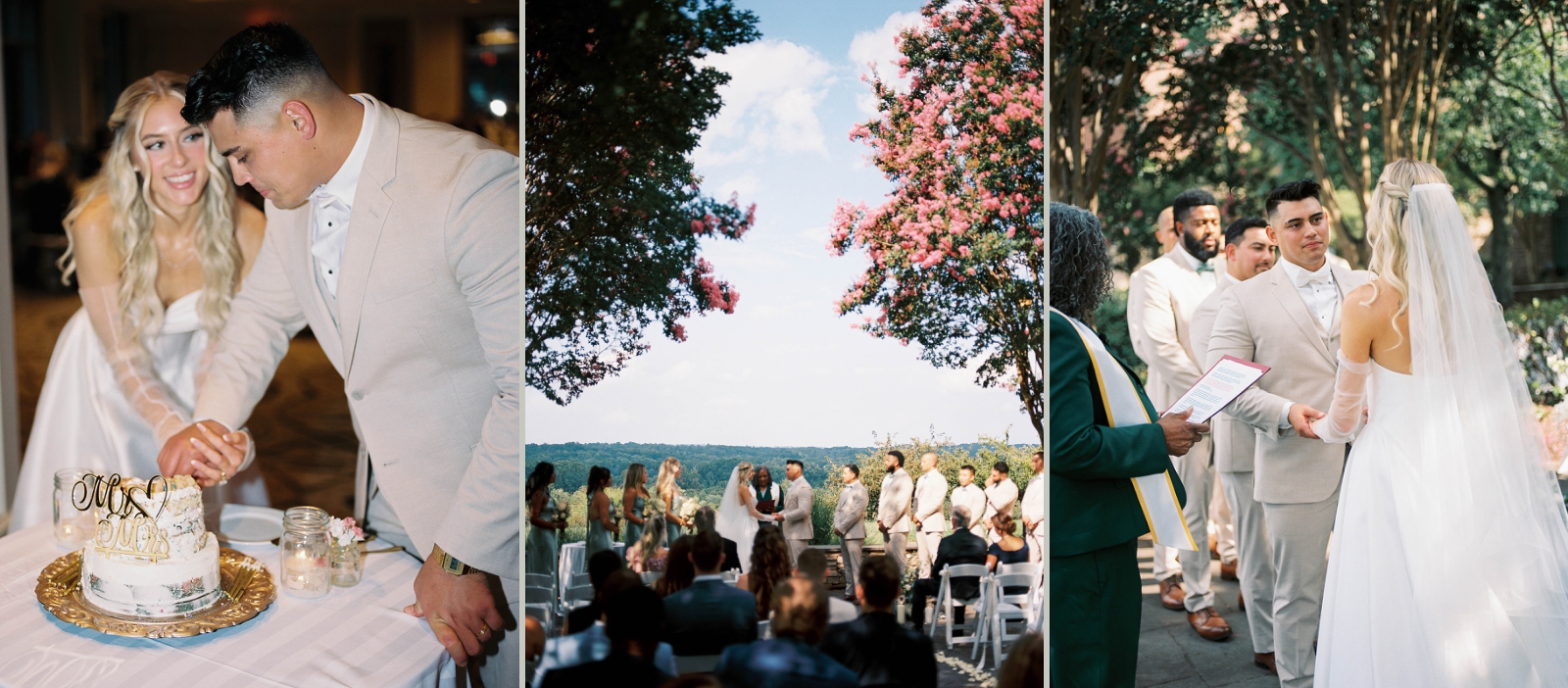 A bride and groom exchange vows beneath cherry blossom trees overlooking the Potomic River Valley