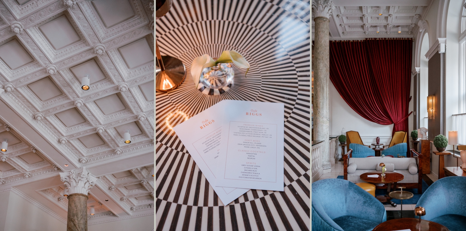 Architectural details of Cafe Riggs, like the high ceilings, marble pillars, and red velvet curtain