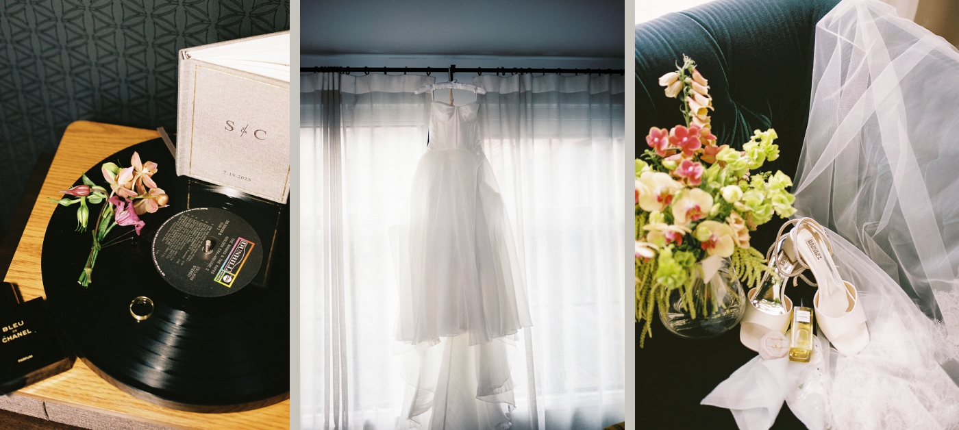 A film photo of a bride's bouquet with her shoes and veil