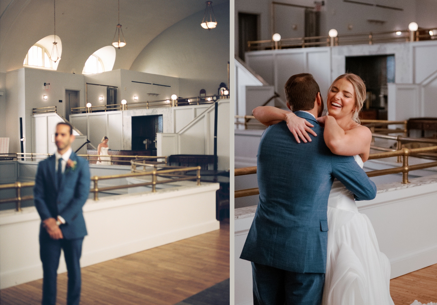A first look between a bride and groom in the Mezzanine at the Line DC