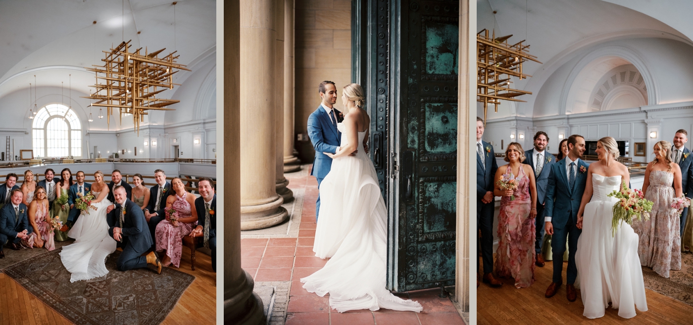 A bride and groom stand between the pillars of the Line Hotel DC 