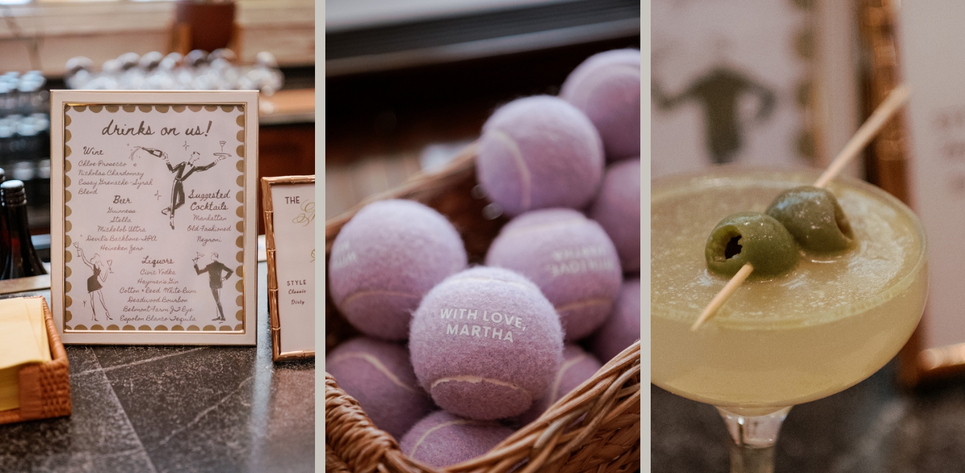 Custom purple tennis balls gifted to wedding guests during cocktail hour at the Line Hotel DC