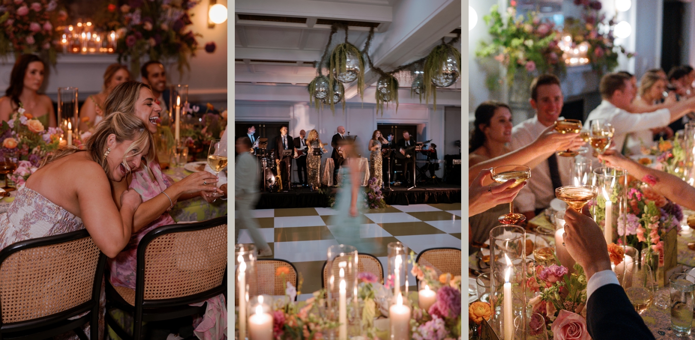 Guests laugh and toast during the speeches at a wedding reception at The Line DC