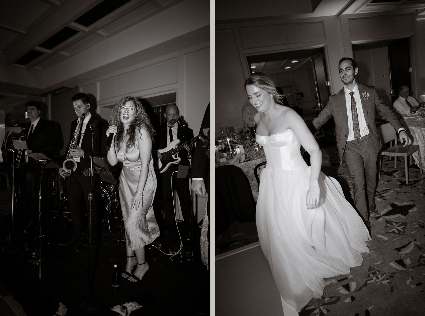 A bride leads the groom to the dance floor during their wedding reception at The Line DC