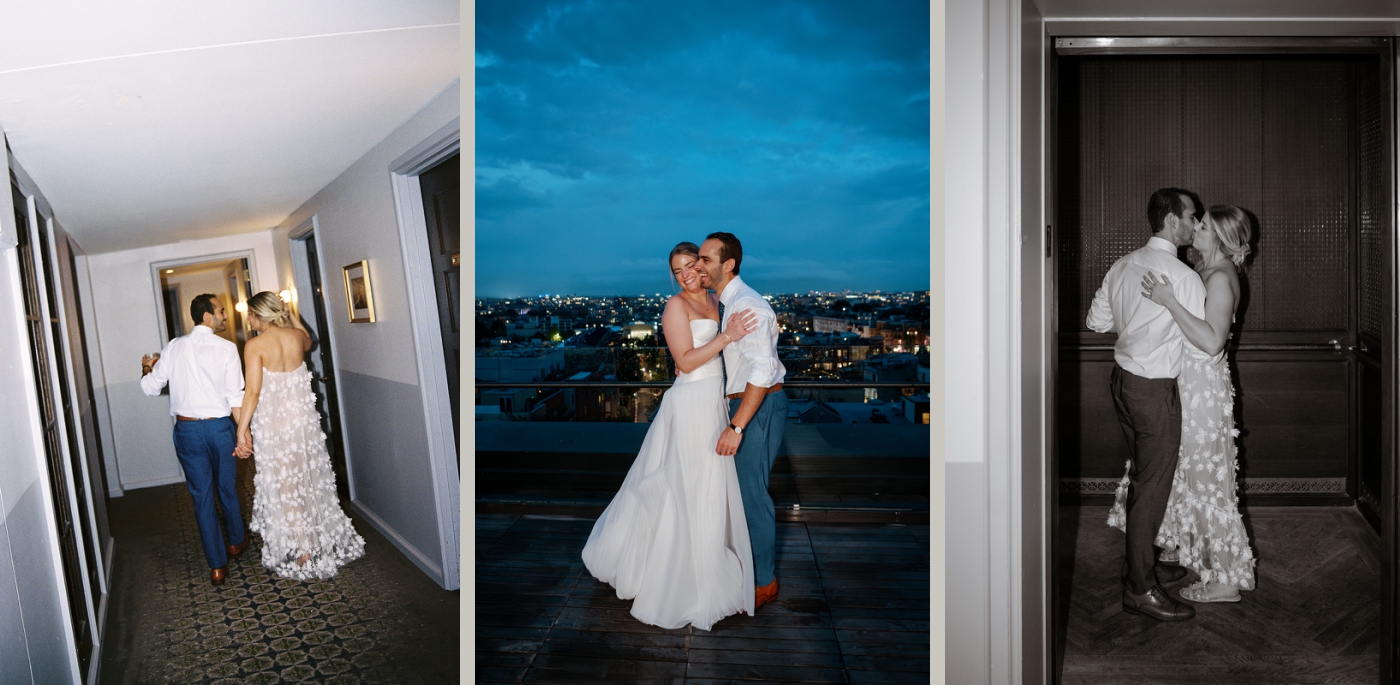 A bride and groom kiss as elevator doors slide shut