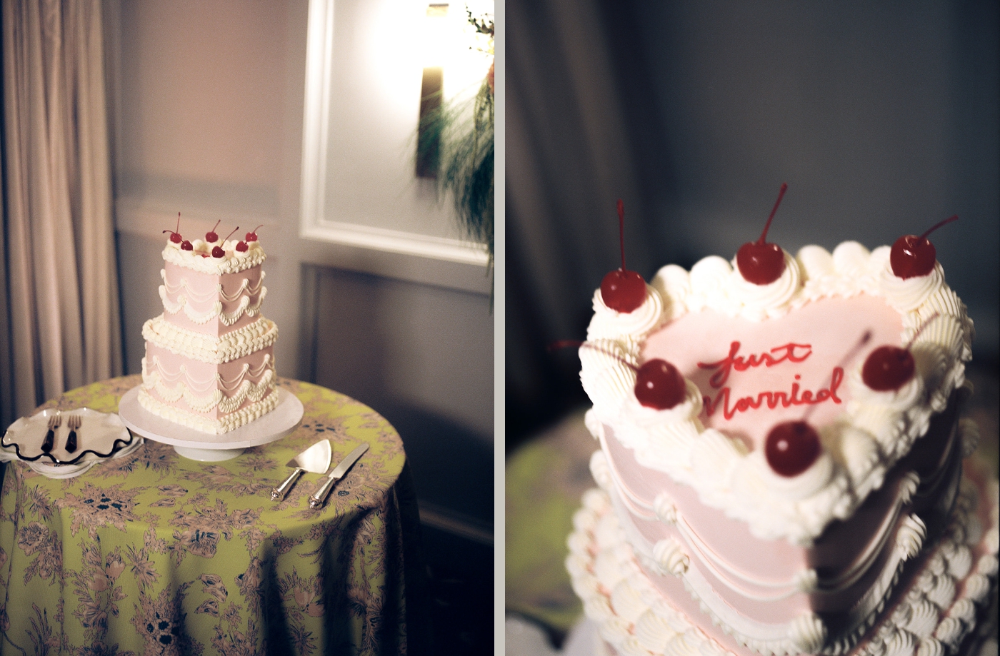 Film photos of a retro layered wedding cake with white piping, cherries, and the words "just married"