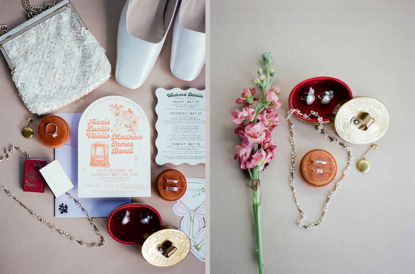 A flat lay of a wedding invitation with flowers, a white beaded clutch, and wedding rings in a red velvet box