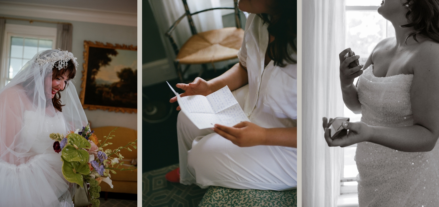 A bride reads a letter from the groom while she gets ready for her wedding ceremony