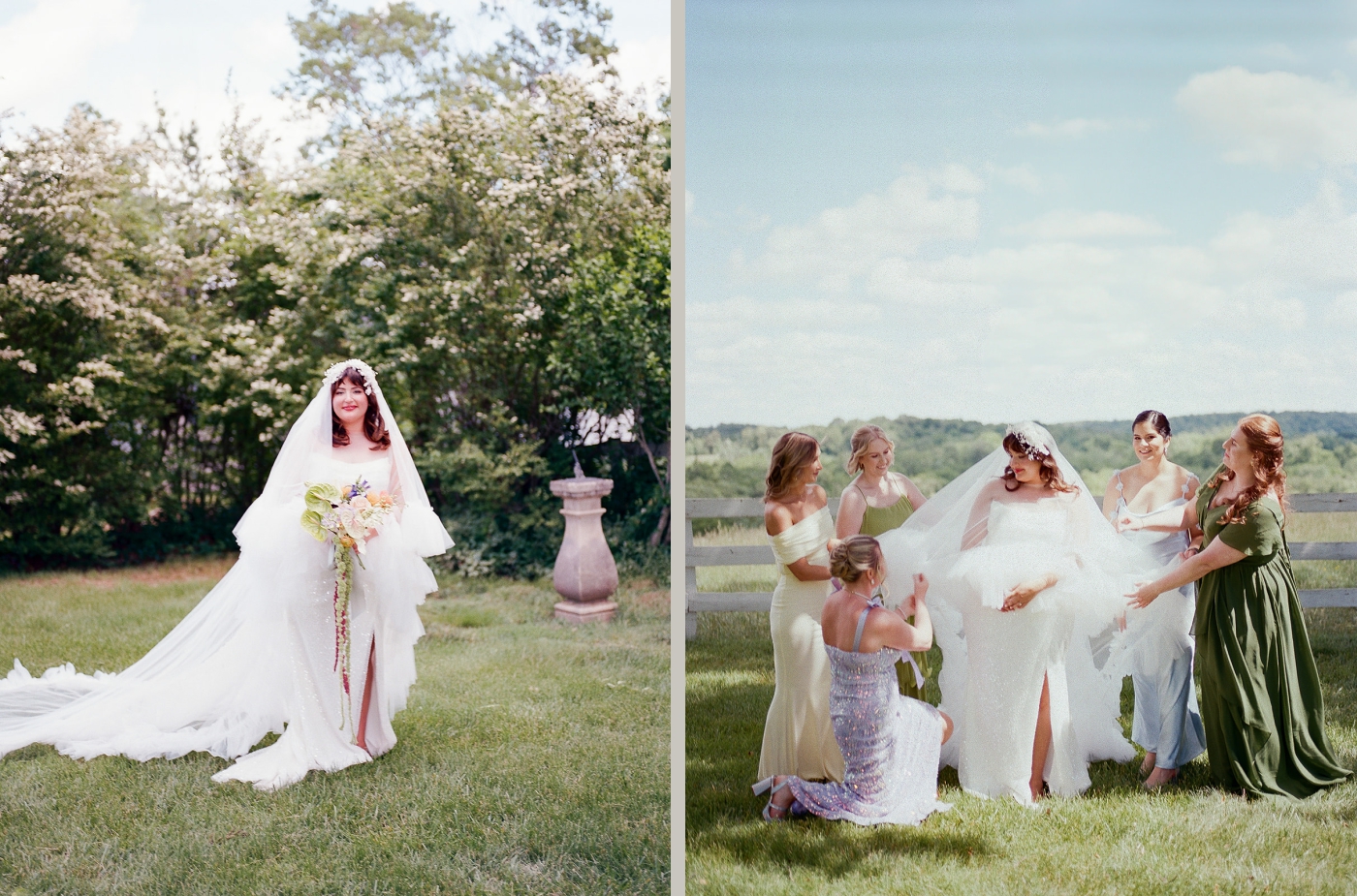 A bride and her bridesmaids pose in the grassy fields at Little Oatlands