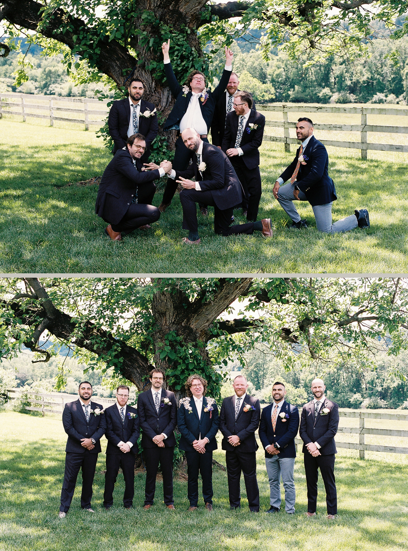 A groom and his groomsmen stand outside the Manor House at Little Oatlands
