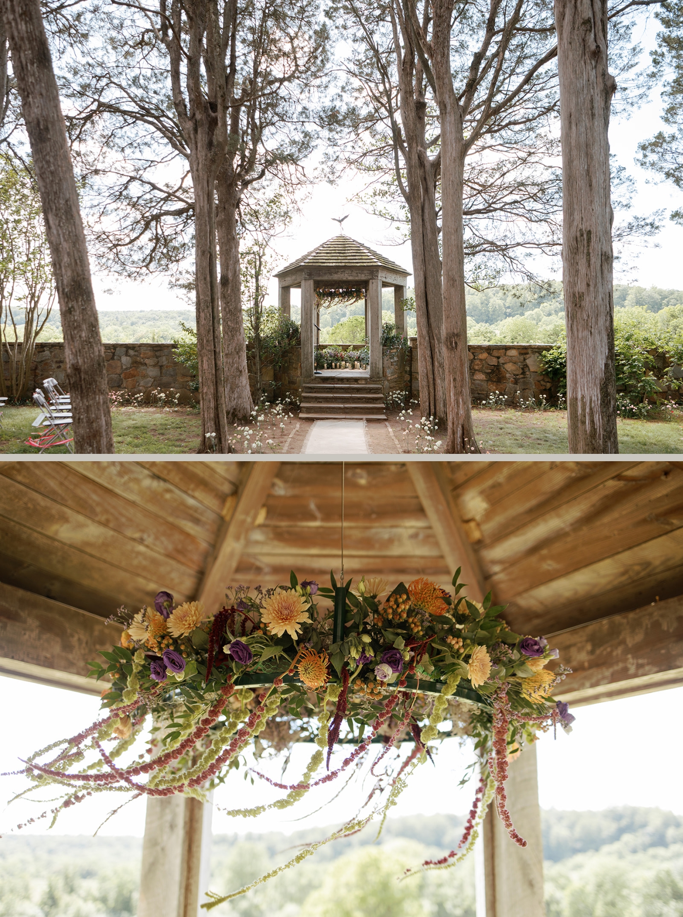 A chandelier hanging in a gazebo, covered with bold flowers and rich greenery