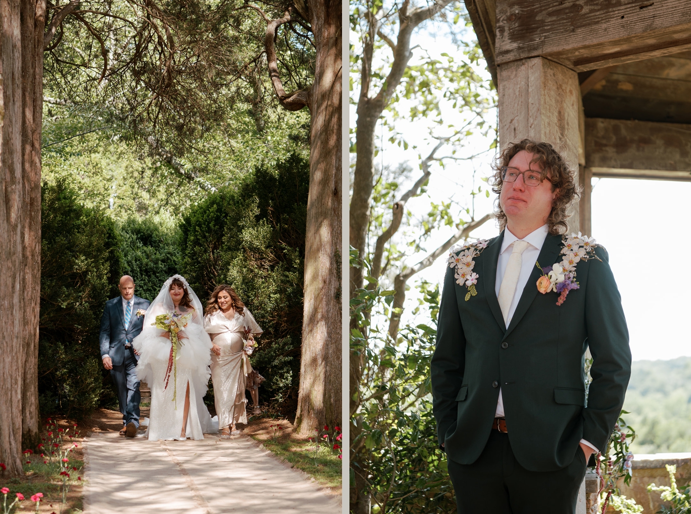 A groom begins to cry as a bride walks down the aisle with her mother and father
