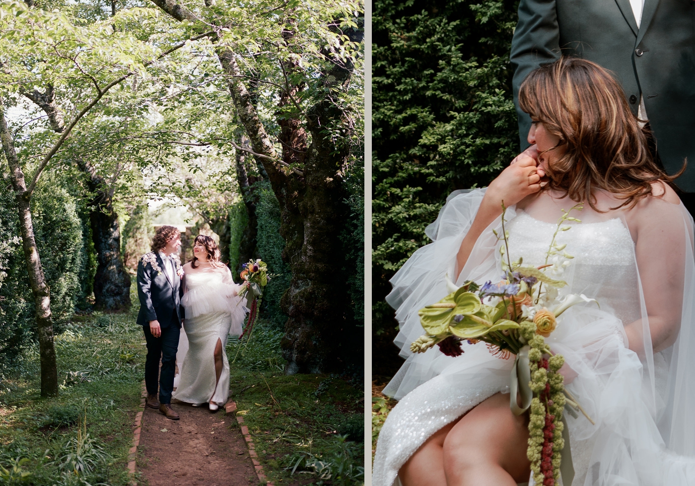 Couple's portraits around the lush gardens at Little Oatlands