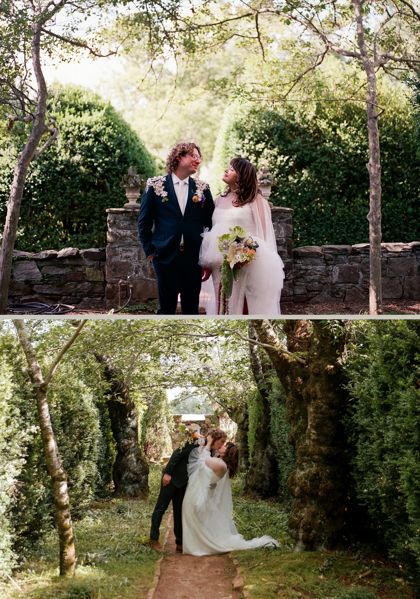 A groom dips a bride and kisses her