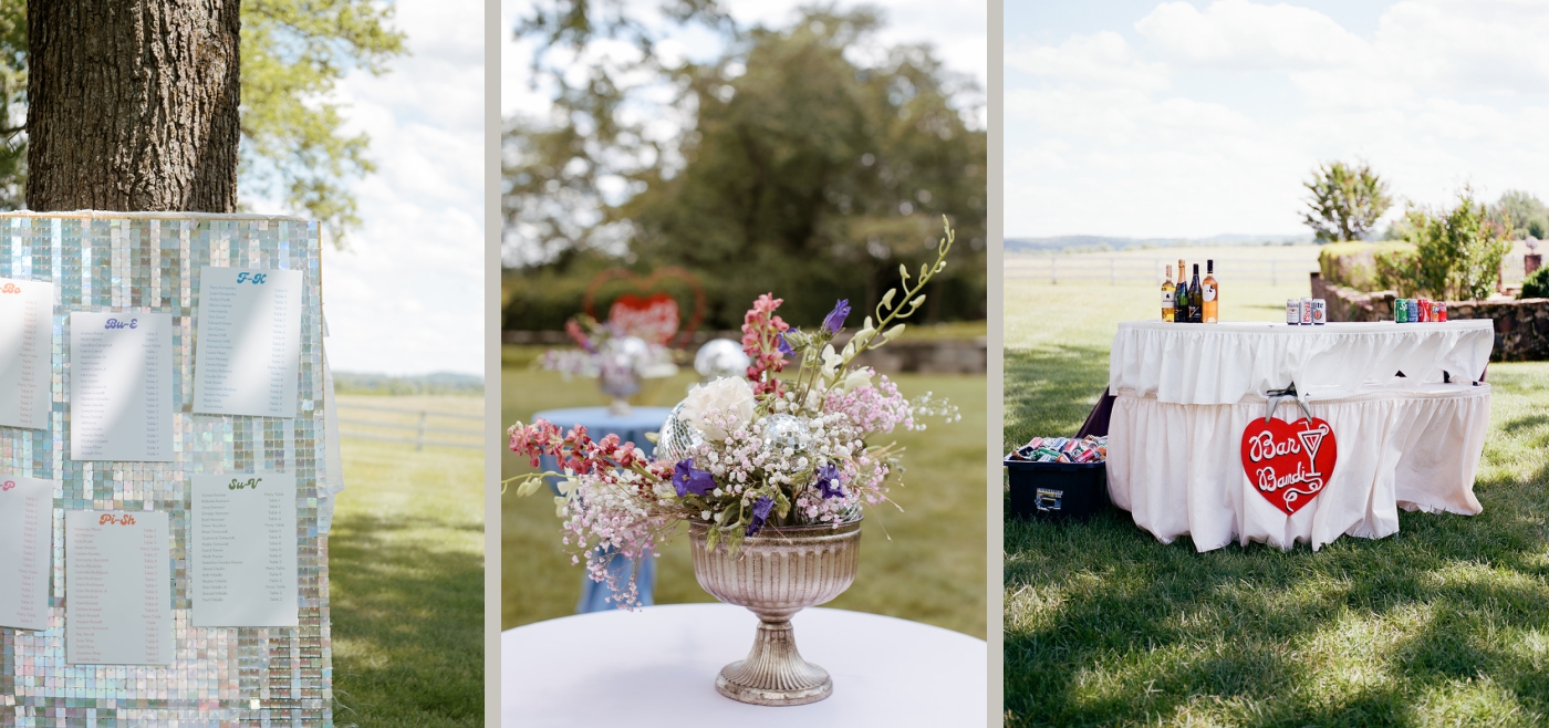 Colorful flower arrangements with disco balls set on colorful tablecloths