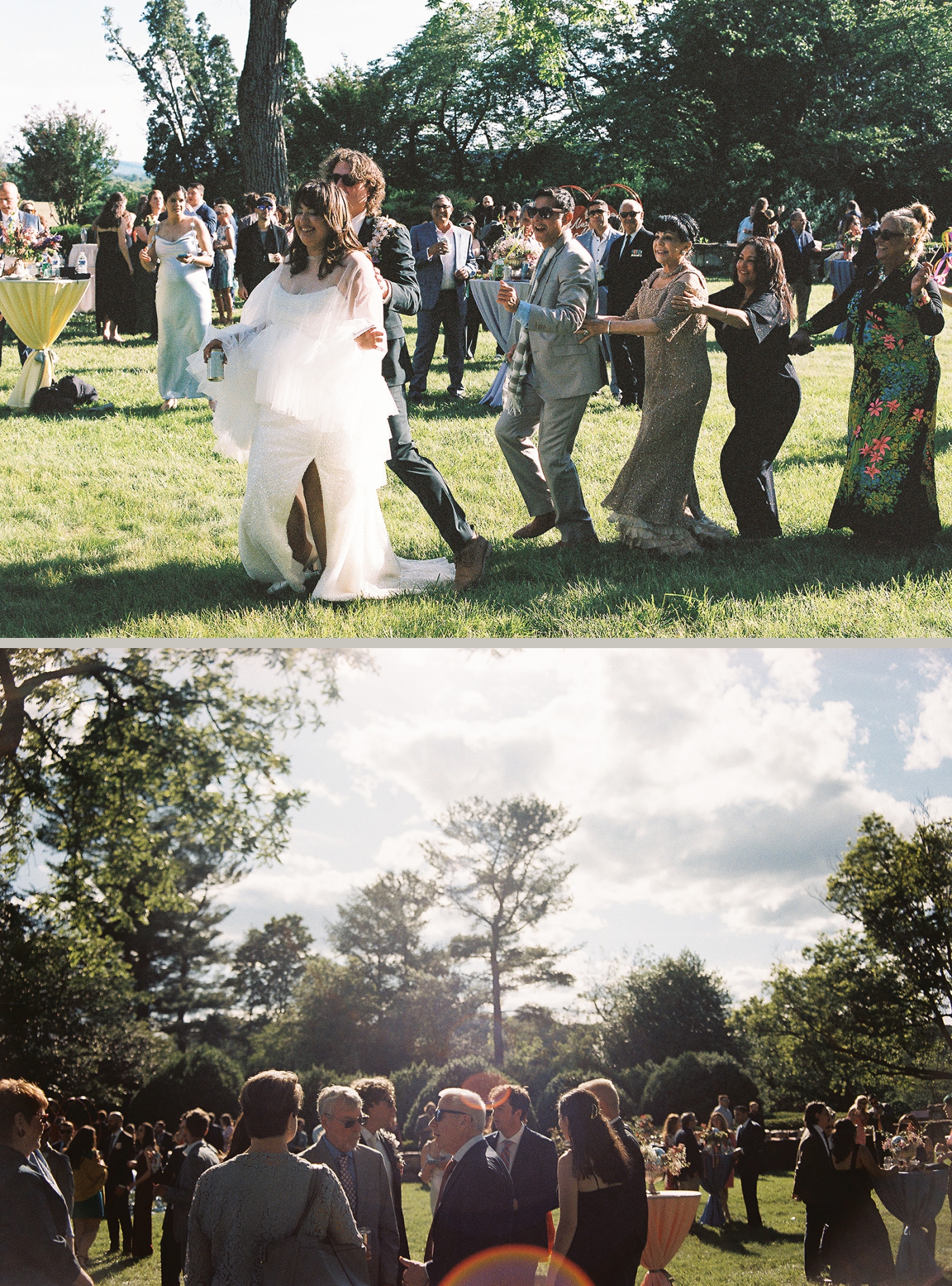 Guests forming a conga line at a wedding at Little Oatlands