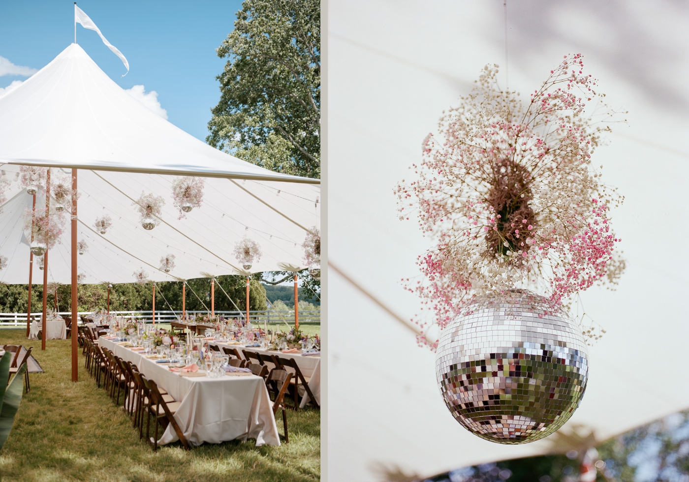 A sailcloth tent with disco balls and flowers hanging from it 