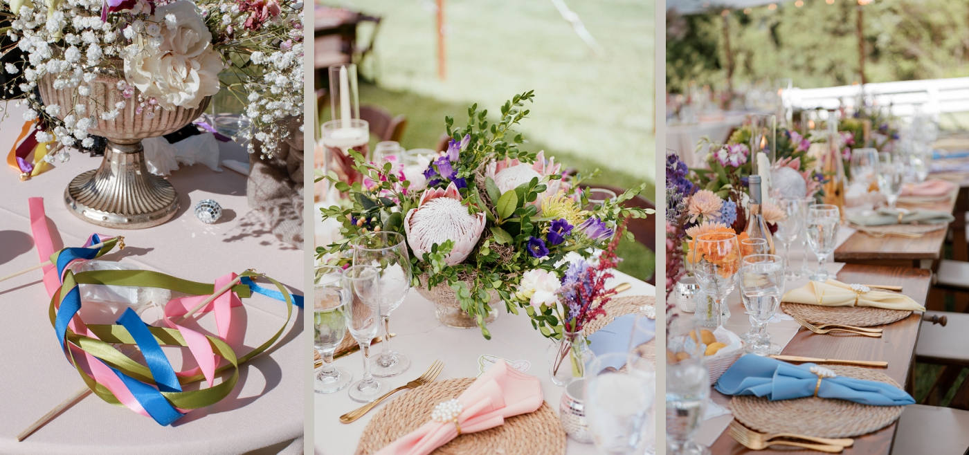 Colorful place settings for a wedding reception at Little Oatlands in Virginia