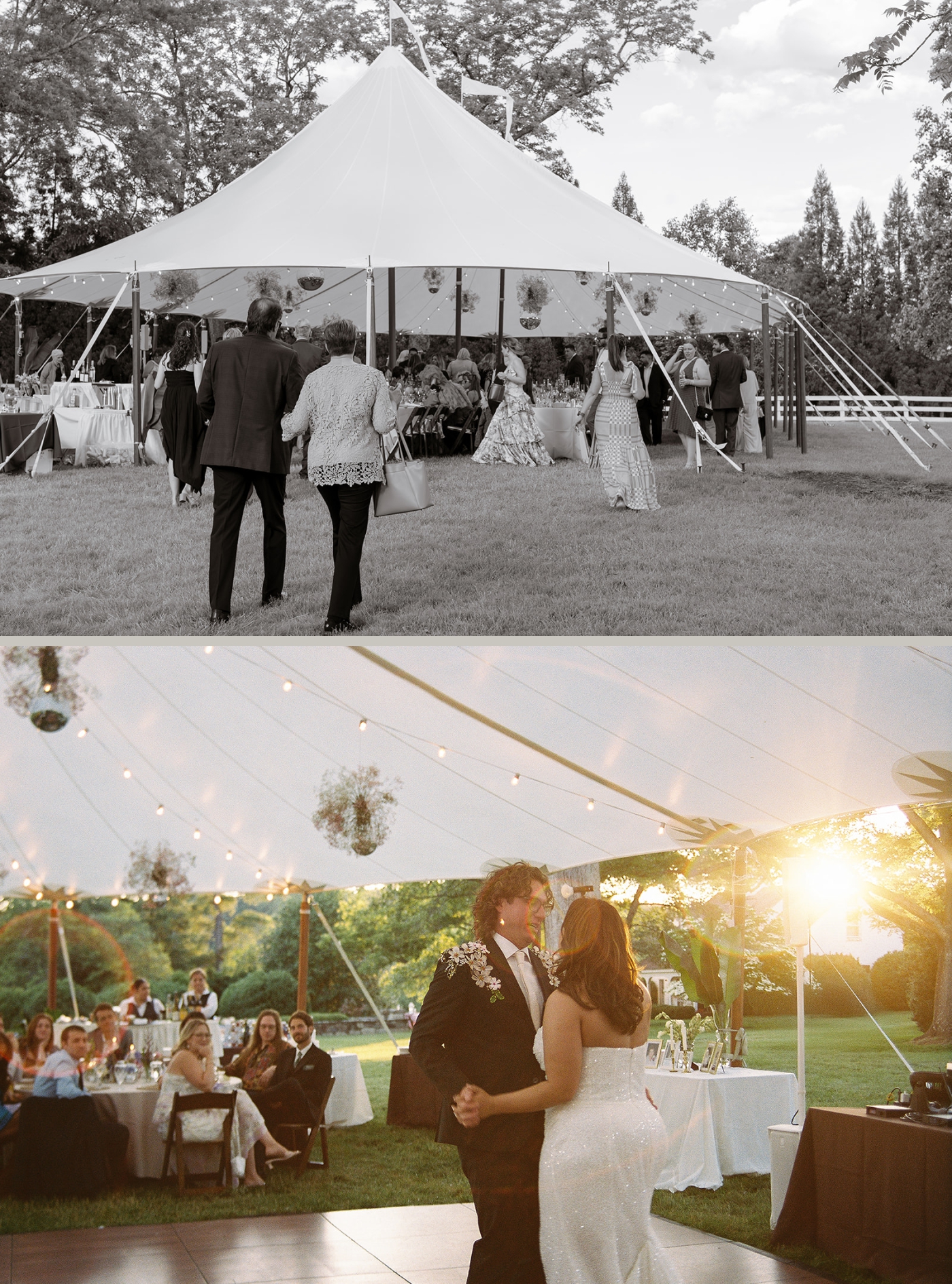 A bride and groom dance while the sun is setting in the background