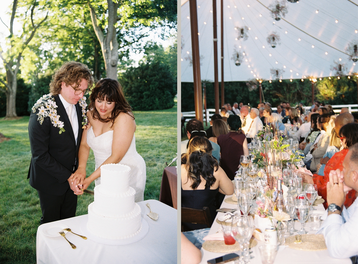 A bride and groom cut their wedding cake beneath a sailcloth tent at Little Oatlands