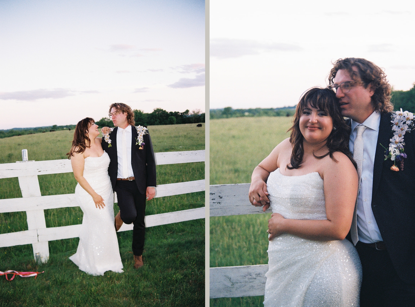 Blue hour portraits of a bride and groom leaning on a white fence at Little Oatlands