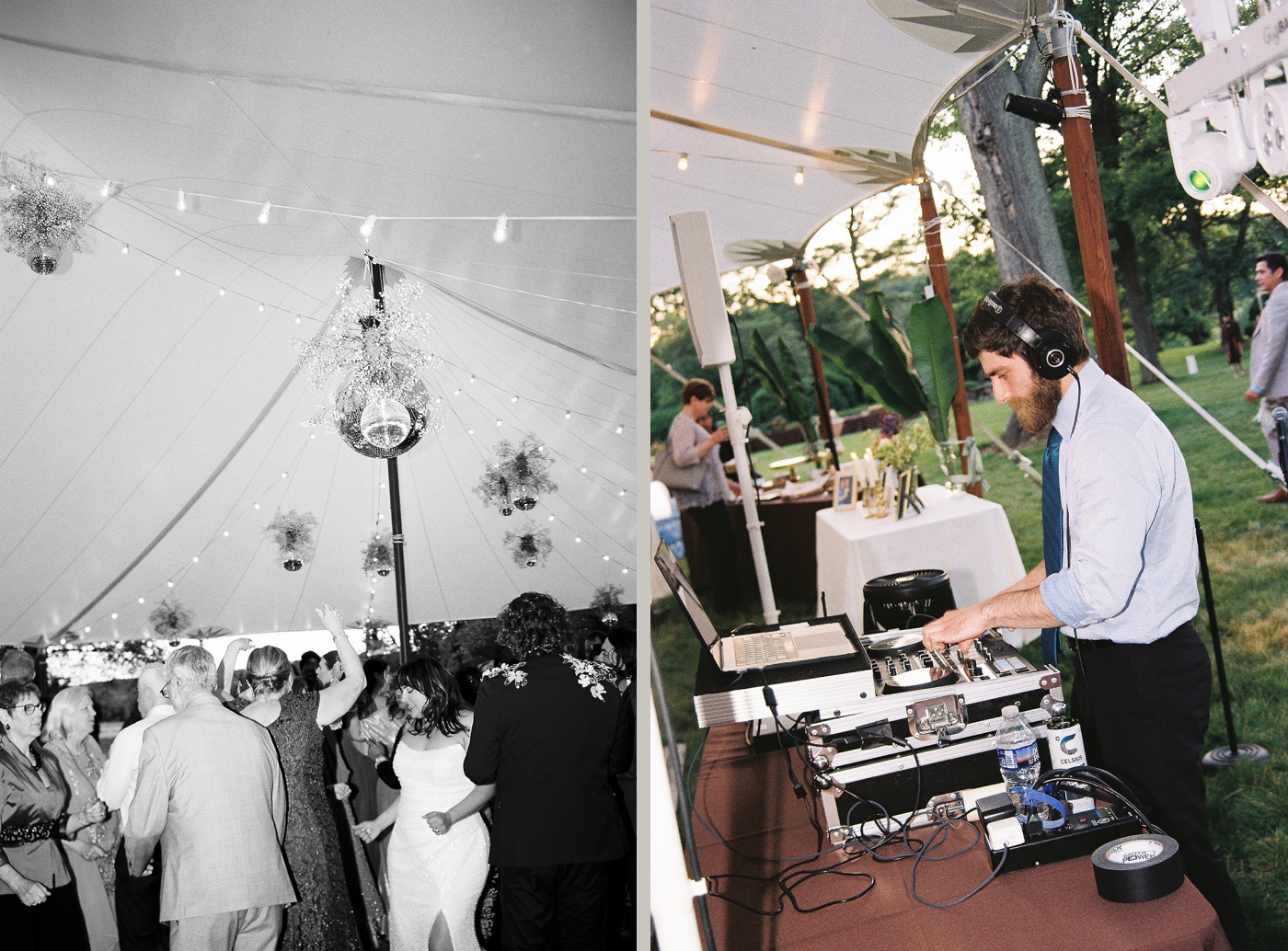 A DJ spinning vinyl at a disco-themed wedding at Little Oatlands