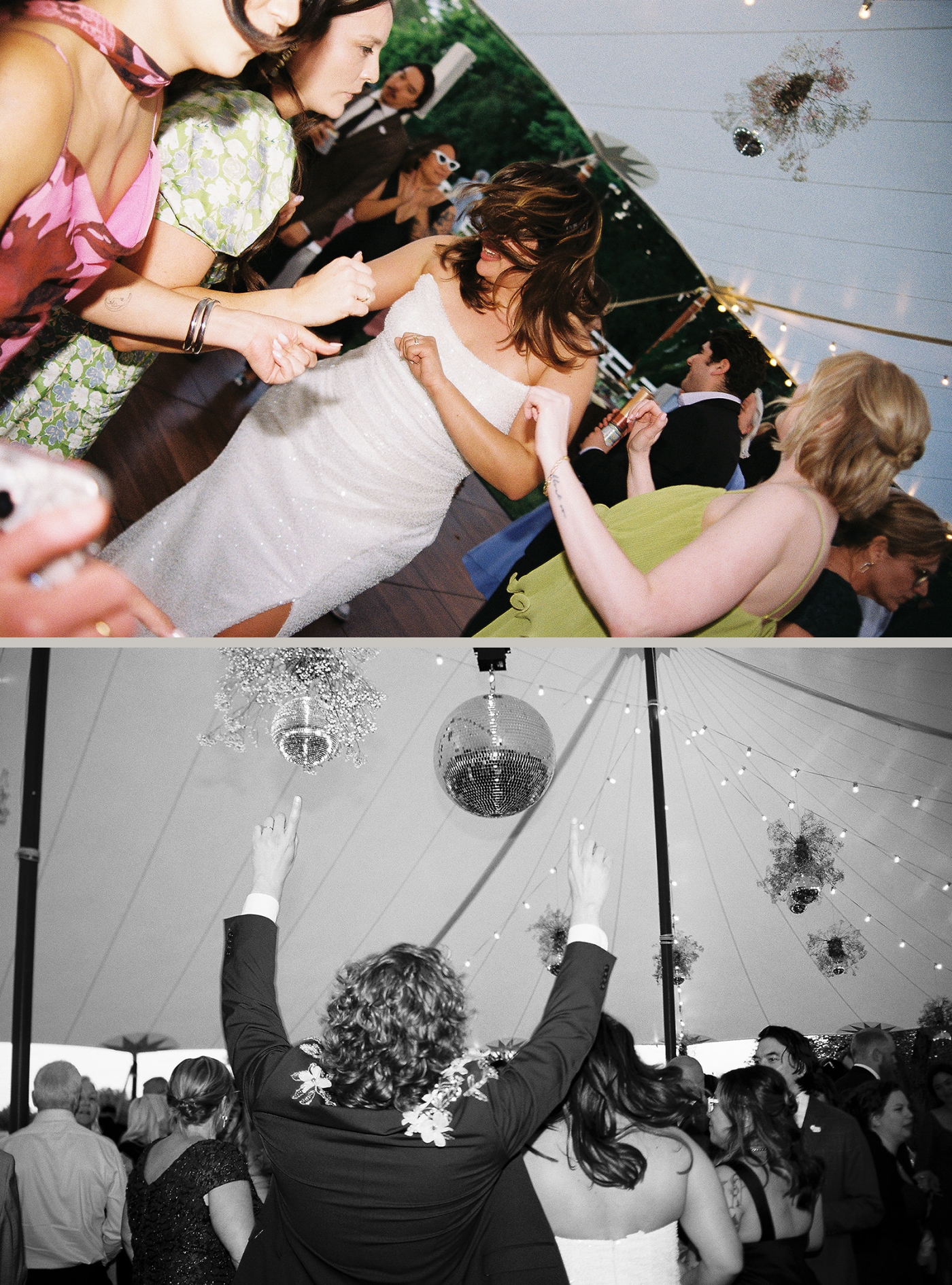 Film photos of a bride and groom dancing beneath a sailcloth tent