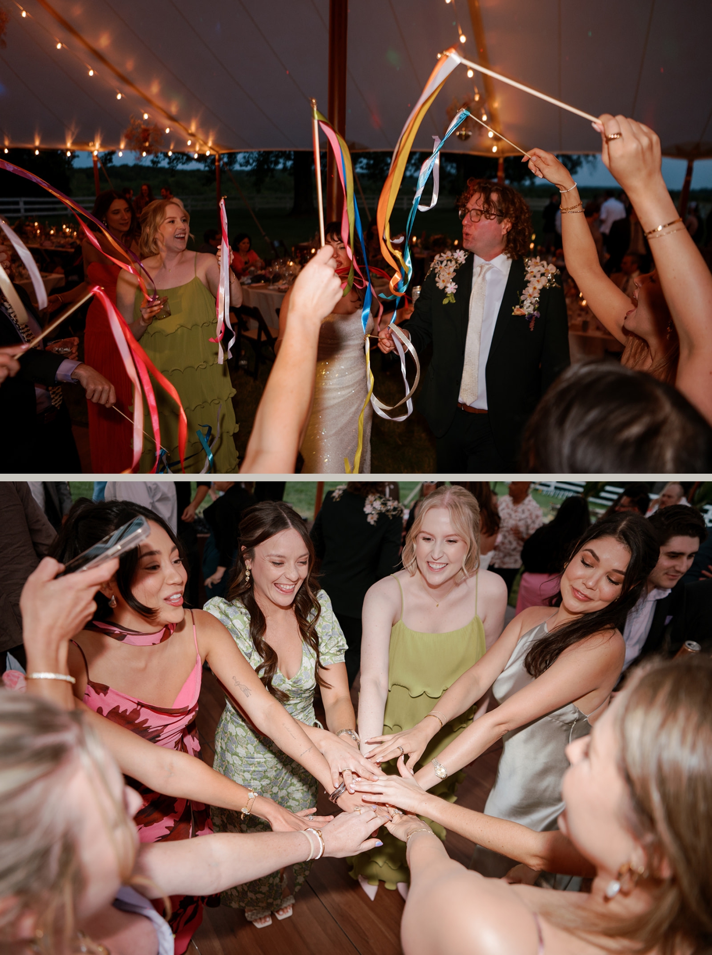 A bride with her bridesmaids and friends dancing during a wedding reception