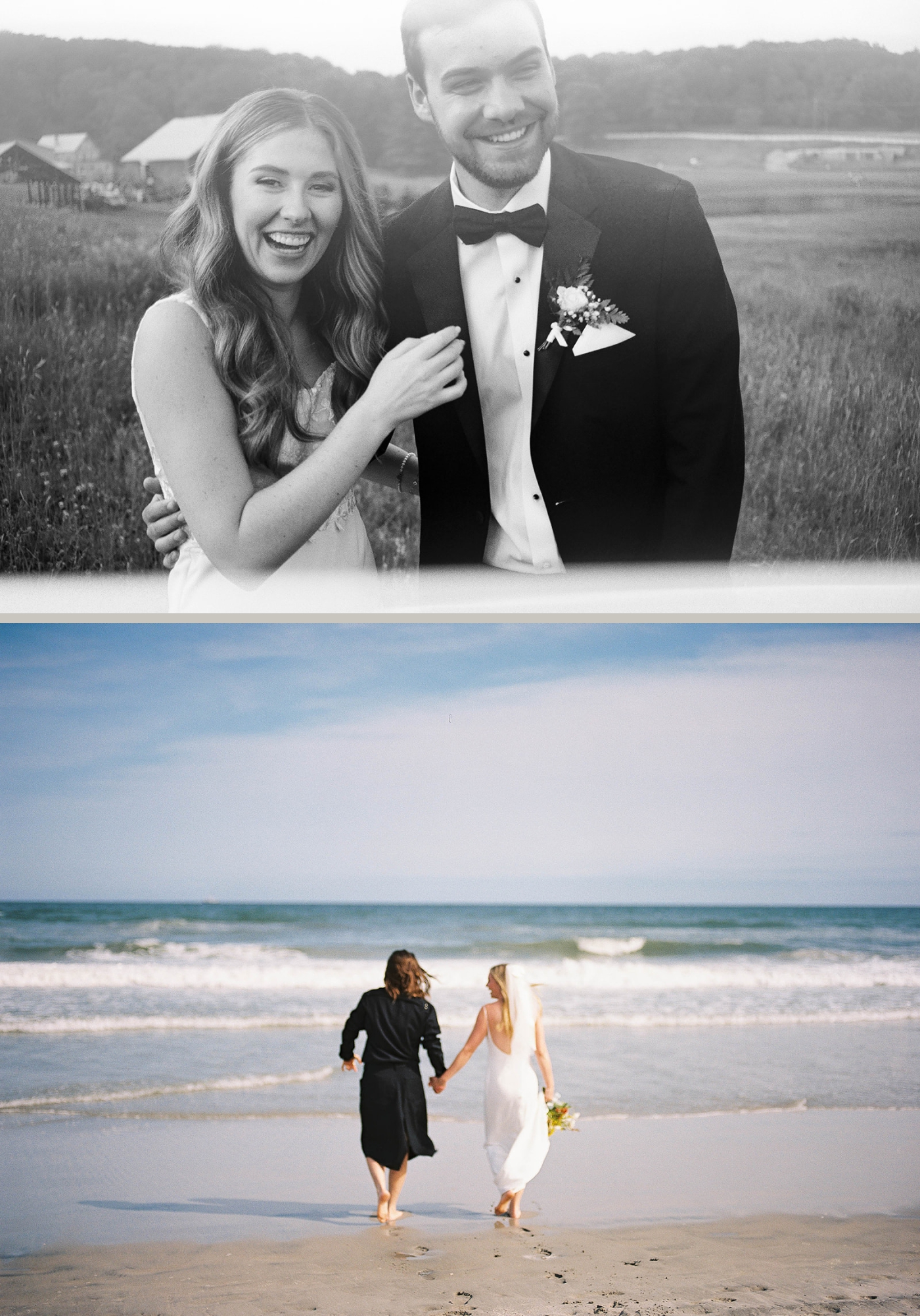 Two brides hold hands and walk towards the ocean 